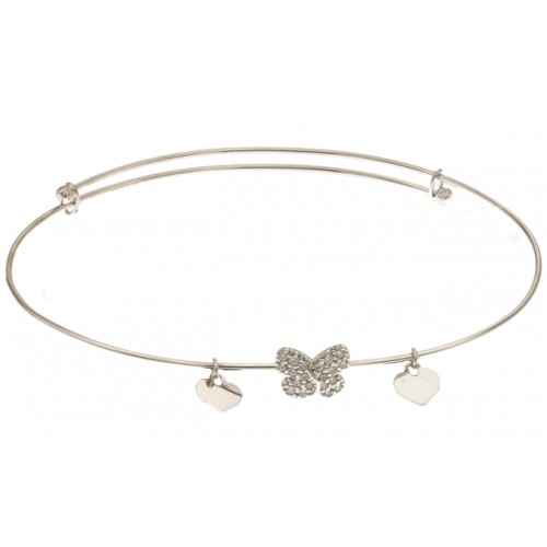 BRACCIALE DA DONNA RIGIDO IN ORO BIANCO 18 KT CON FARFALLA E CUORE E ZIRCONI 