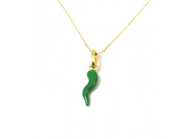 COLLANA UNISEX CON CORNO PORTAFORTUNA IN ORO GIALLO 18 KT SMALTATO VERDE