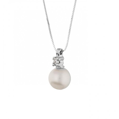 COLLANA DA DONNA IN ORO BIANCO 18 KT PERLA E ZIRCONE TAGLIO BRILLANTE 