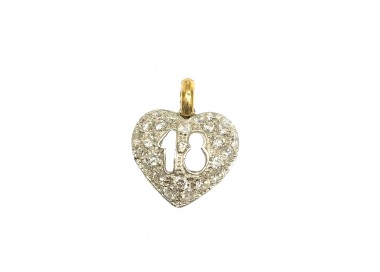 CIONDOLO CUORE IN ORO BIANCO E GIALLO 18 KT NUMERO 18 E ZIRCONI + COLLANA LACCIO