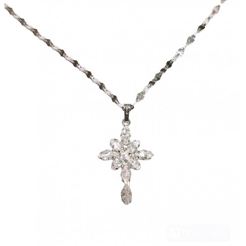 COLLANA DA DONNA CON CROCE STILIZZATA IN ORO BIANCO 18 KT CON ZIRCONI BIANCHI