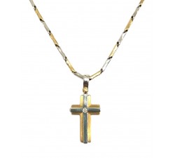 COLLANA TUBOLARE DA UOMO IN ORO BIANCO E GIALLO 18 KT CON CROCE E ZIRCONE