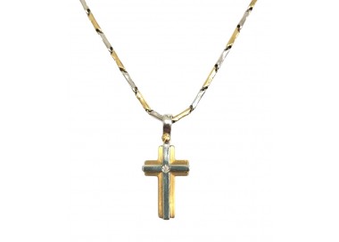 COLLANA TUBOLARE DA UOMO IN ORO BIANCO E GIALLO 18 KT CON CROCE E ZIRCONE