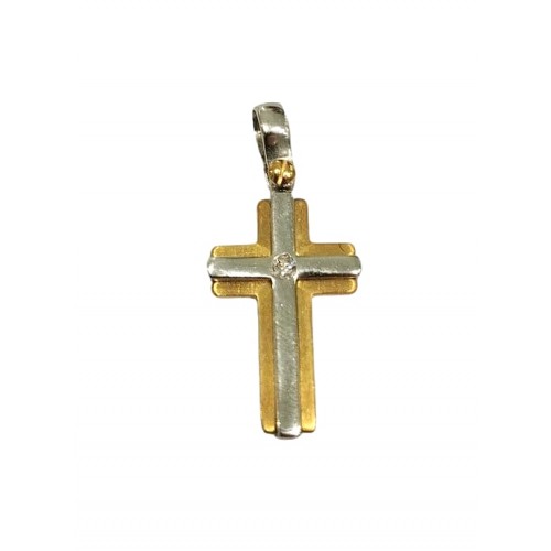 CIONDOLO CROCE IN ORO GIALLO E BIANCO 18 KT CON ZIRCONE + COLLANA LACCIO IN OMAGGIO