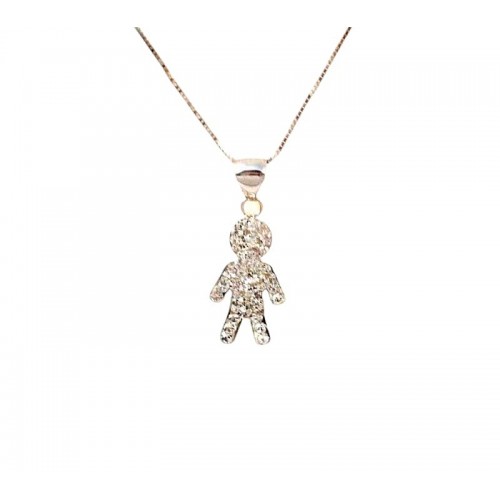 COLLANA IN ORO BIANCO 18 KT CON BEBE' MASCHIETTO E ZIRCONI BIANCHI