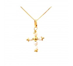 COLLANA CON CROCE IN ORO GIALLO 18 KT E PERLINE