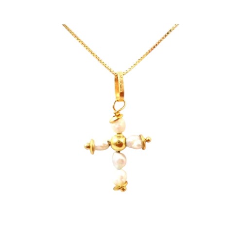 COLLANA CON CROCE IN ORO GIALLO 18 KT E PERLINE