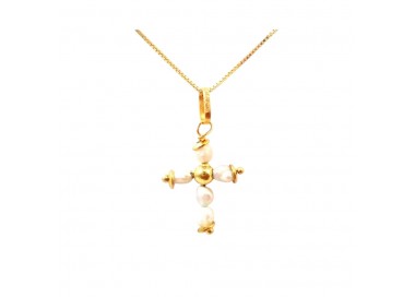 COLLANA CON CROCE IN ORO GIALLO 18 KT E PERLINE