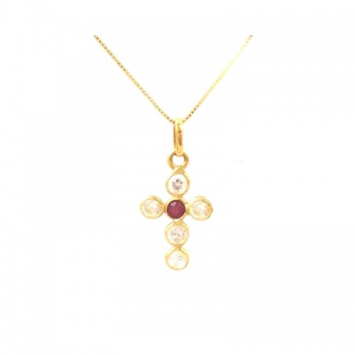 COLLANA CON CROCE IN ORO GIALLO 18 KT CON ZIRCONI E AMETISTA