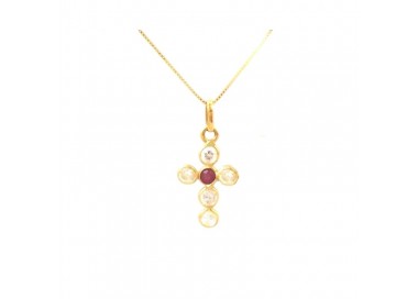 COLLANA CON CROCE IN ORO GIALLO 18 KT CON ZIRCONI E AMETISTA