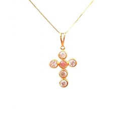 COLLANA CON CROCE IN ORO GIALLO 18 KT DA DOONA CON ZIRCONI BIANCHI E ROSA