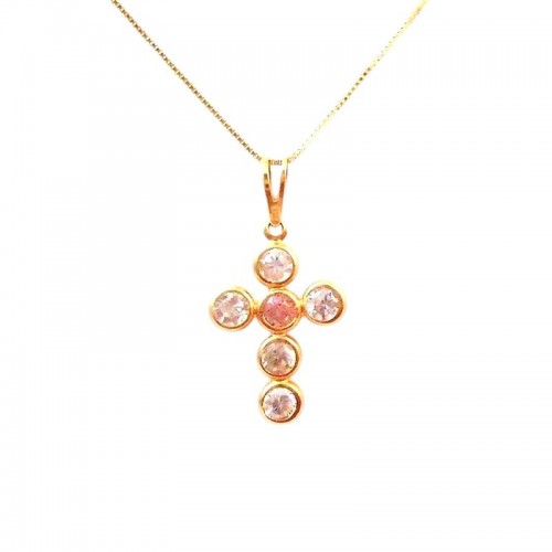 COLLANA CON CROCE IN ORO GIALLO 18 KT DA DOONA CON ZIRCONI BIANCHI E ROSA