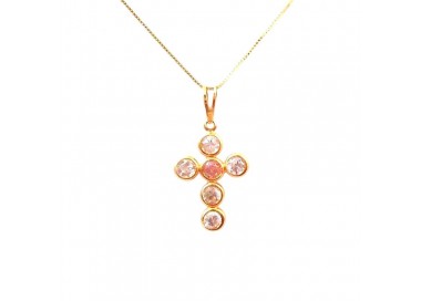 COLLANA CON CROCE IN ORO GIALLO 18 KT CON ZIRCONI BIANCHI E ROSA