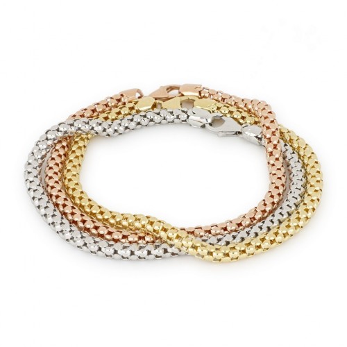 BRACCIALE TRITTICO IN ORO GIALLO BIANCO E ROSA 18 KT MAGLIA POP CORN