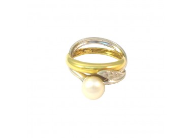 ANELLO DA DONNA IN ORO GIALLO E BIANCO 18 KT CON PERLA E ZIRCONI