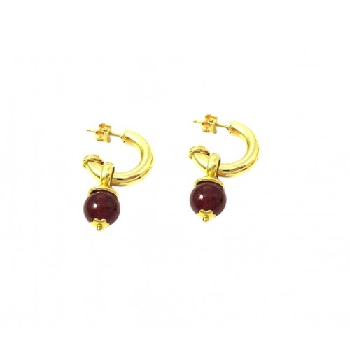 ORECCHINI SEMICERCHI IN ORO GIALLO 18 KT CON CHARM PIETRA ROSSA