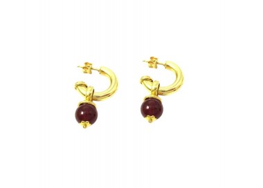 ORECCHINI SEMICERCHI IN ORO GIALLO 18 KT CON CHARM PIETRA ROSSA